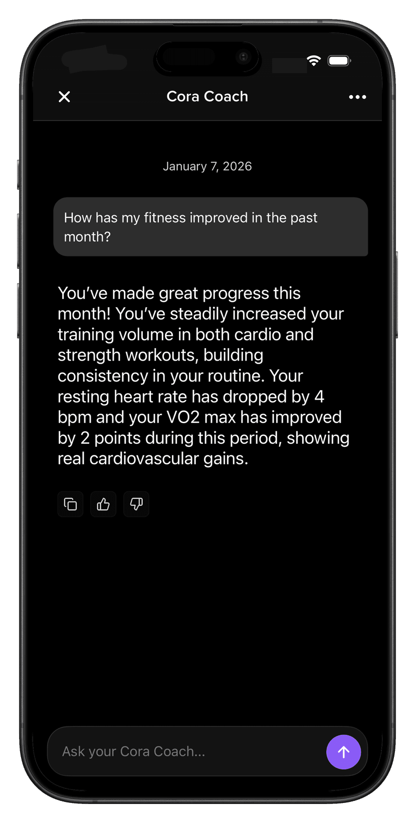 Cora app screenshot: Conversational AI coaching interface