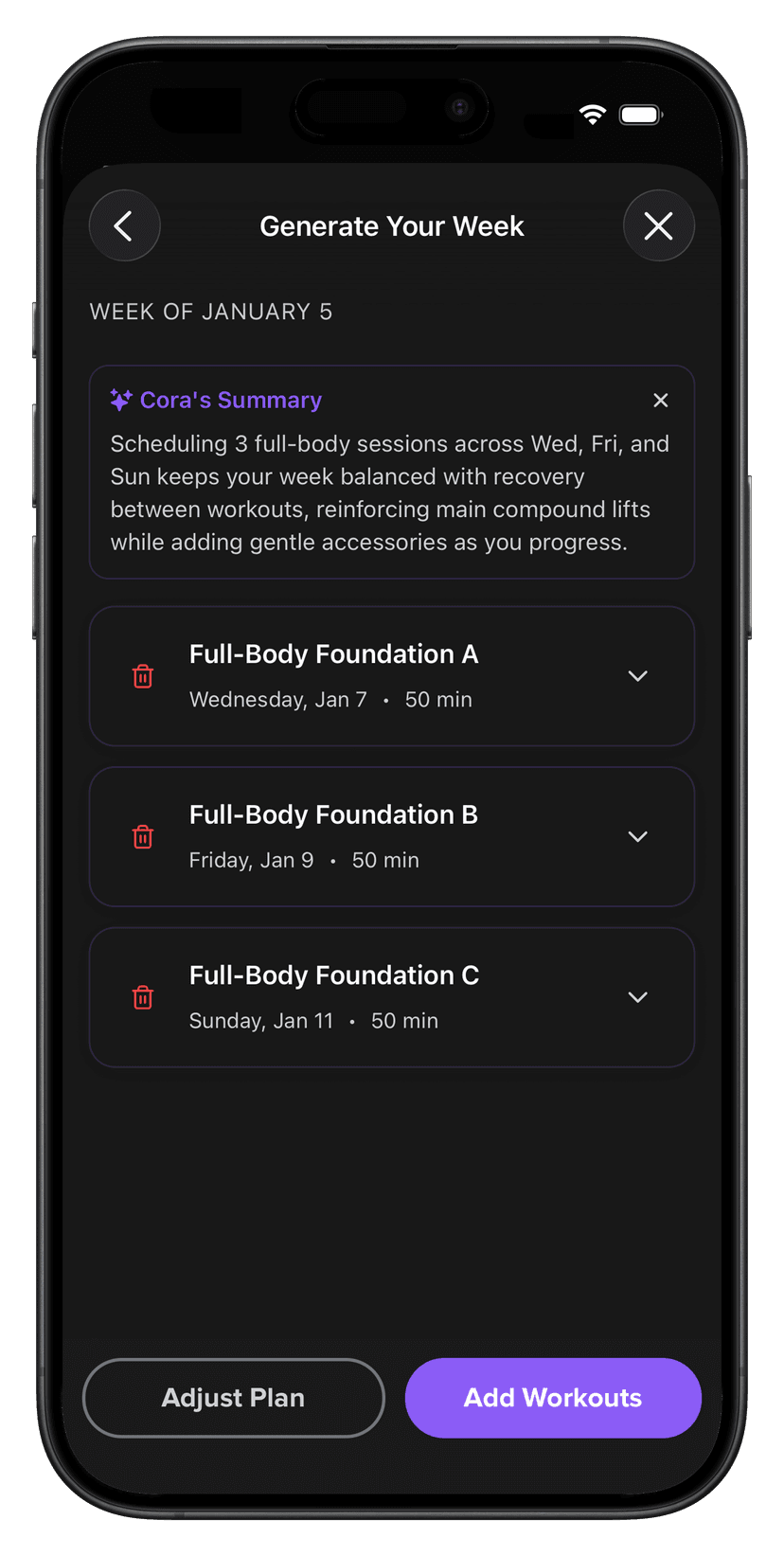 Cora app screenshot: AI-generated personalised training week