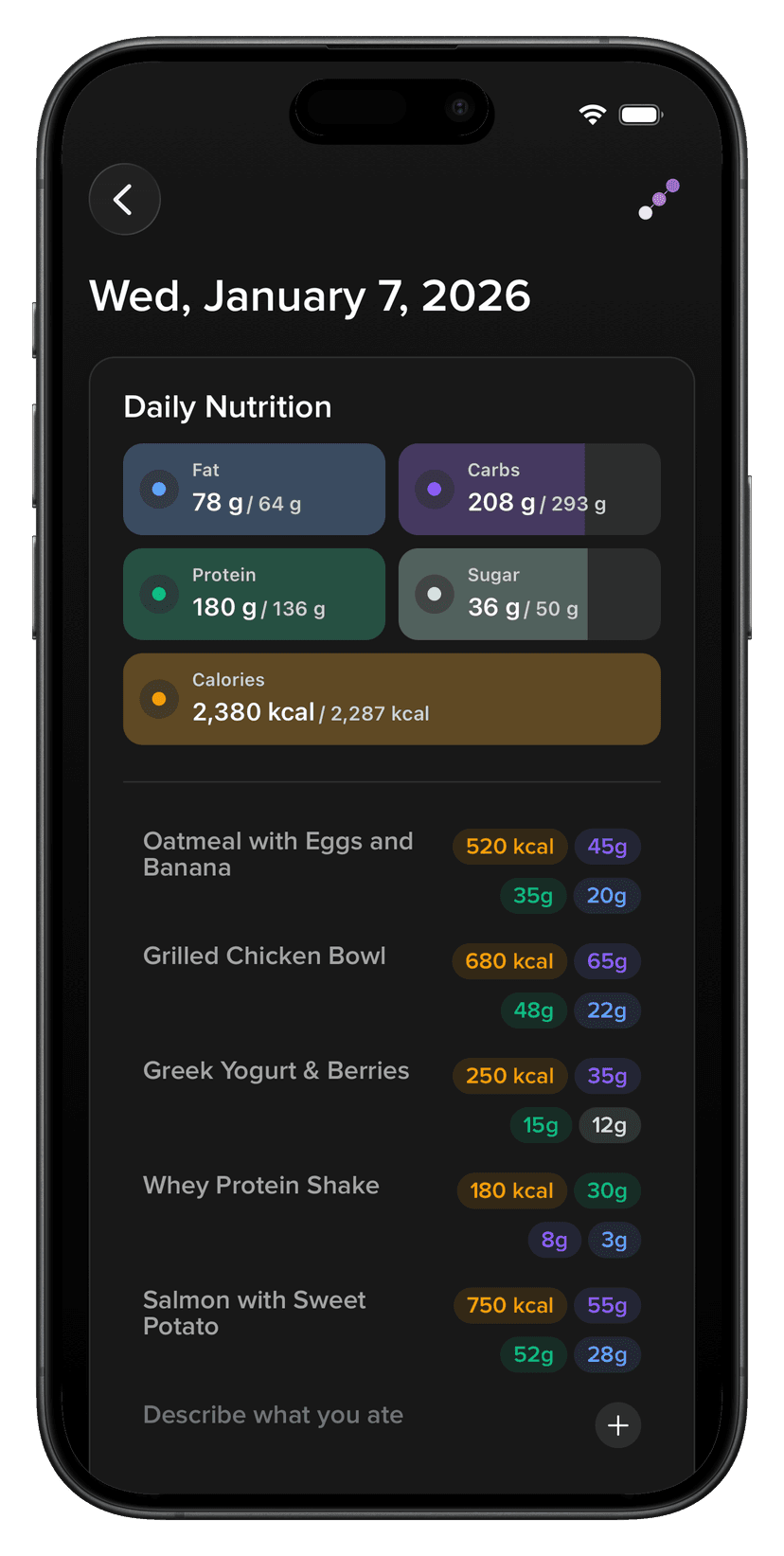 Cora app screenshot: AI-powered macro and meal guidance