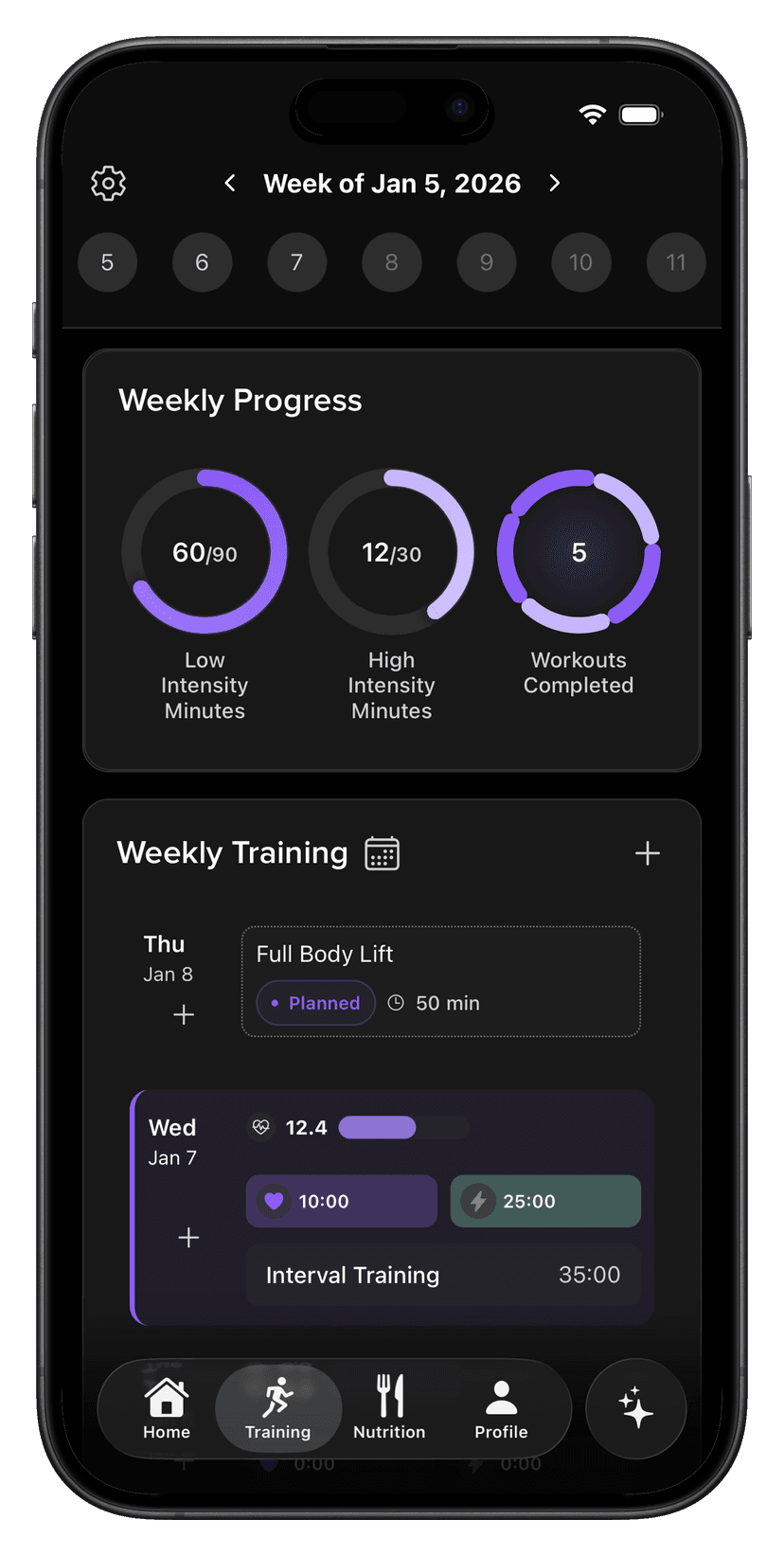 Cora app screenshot: Adaptive weekly training schedule