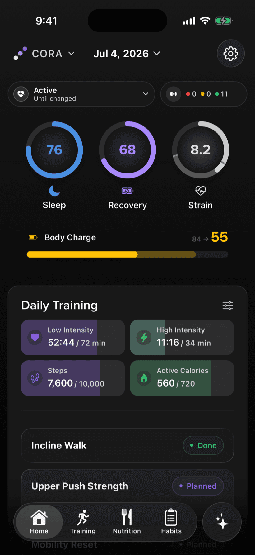 Cora fitness app showing recovery score, training plan, and nutrition tracking on iPhone
