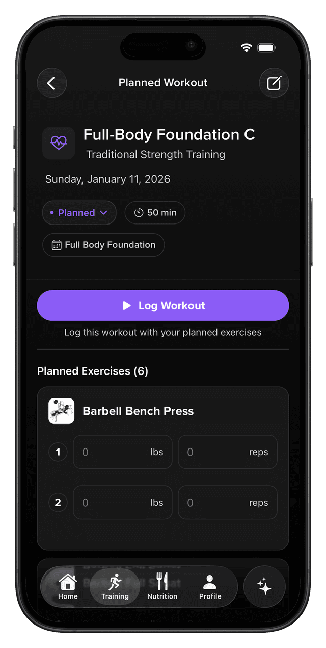 Log and complete workouts screen